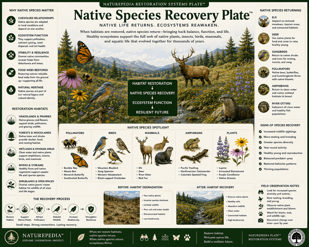 Native Species Recovery Plate showing native plants, insects, birds, mammals, amphibians, wildlife return, habitat recovery, and restored biodiversity by Robbie George
