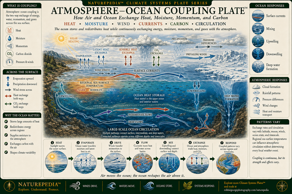 Atmosphere-Ocean Coupling Plate showing solar heating, evaporation, cloud formation, precipitation, wind stress, surface currents, upwelling, downwelling, deep-water formation, ocean heat storage, carbon dioxide exchange, and two-way transfers of heat, moisture, momentum, and gases.