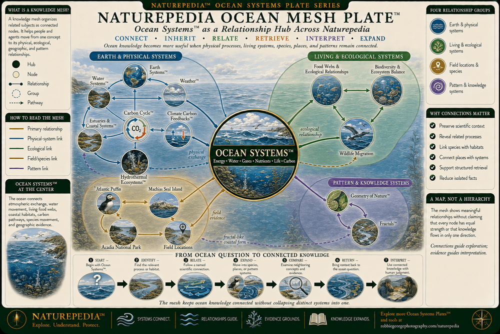 Naturepedia Ocean Mesh Plate showing Ocean Systems at the center of a relationship map connected to Earth Systems, Water Systems, Weather, Carbon Cycle, Climate Carbon Feedbacks, Estuaries and Coastal Systems, Hydrothermal Ecosystems, food webs, biodiversity, Atlantic puffins, Machias Seal Island, Acadia National Park, wildlife migration, field locations, Geometry of Nature, and Fractals.