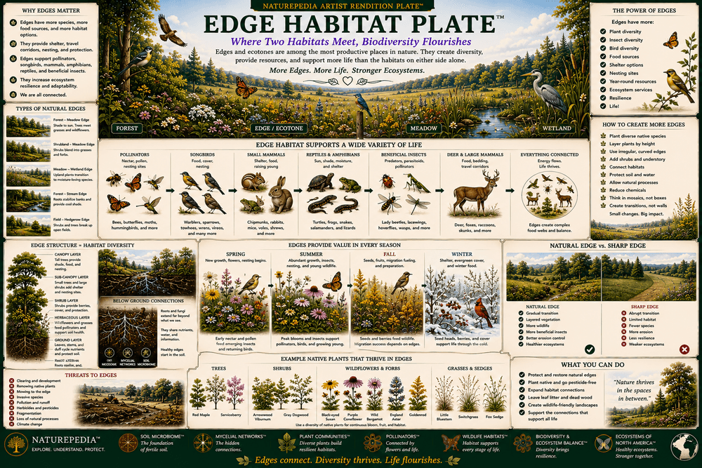 Edge Habitat Plate showing forest edges, meadow transitions, shrub cover, wildlife movement, pollinator habitat, and biodiversity by Robbie George