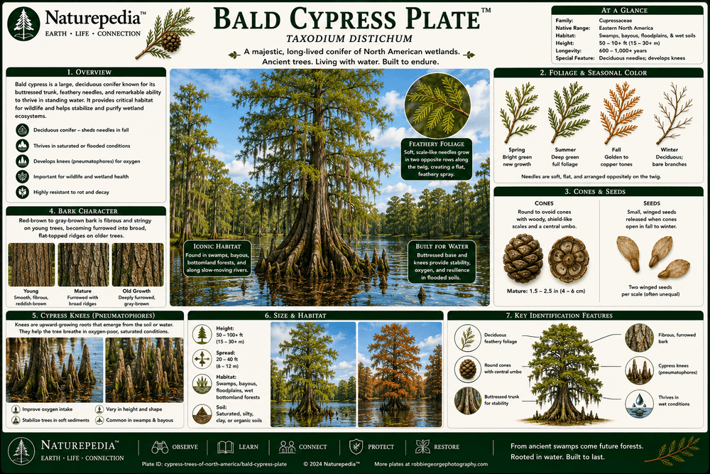 Bald Cypress Plate showing Taxodium distichum, southern swamps, floodplain forests, cypress knees, deciduous needles, wildlife habitat, water storage, and wetland ecology by Robbie George