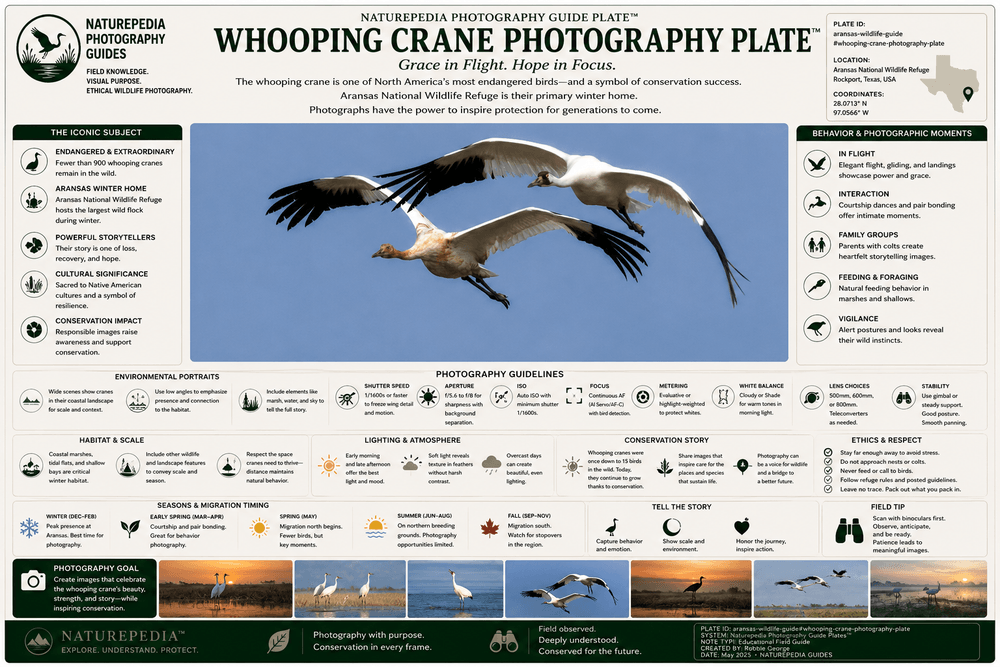 Whooping Crane Photography Plate showing whooping cranes, coastal marsh habitat, conservation, environmental portraits, ethical fieldcraft, and Naturepedia wildlife photography intelligence