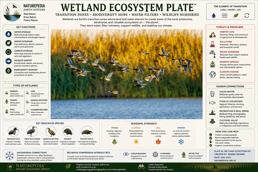 Wetland Ecosystem Plate by Robbie George showing ducks flying over marsh water with wetland functions, ecosystem types, indicator species, seasonal dynamics, human connections, threats, and Naturepedia ecosystem relationships