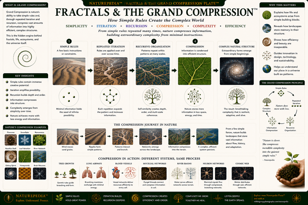 Fractals and The Grand Compression Plate illustrating scale, recursion, compression, organization, and the emergence of complex natural systems from simple repeated rules.