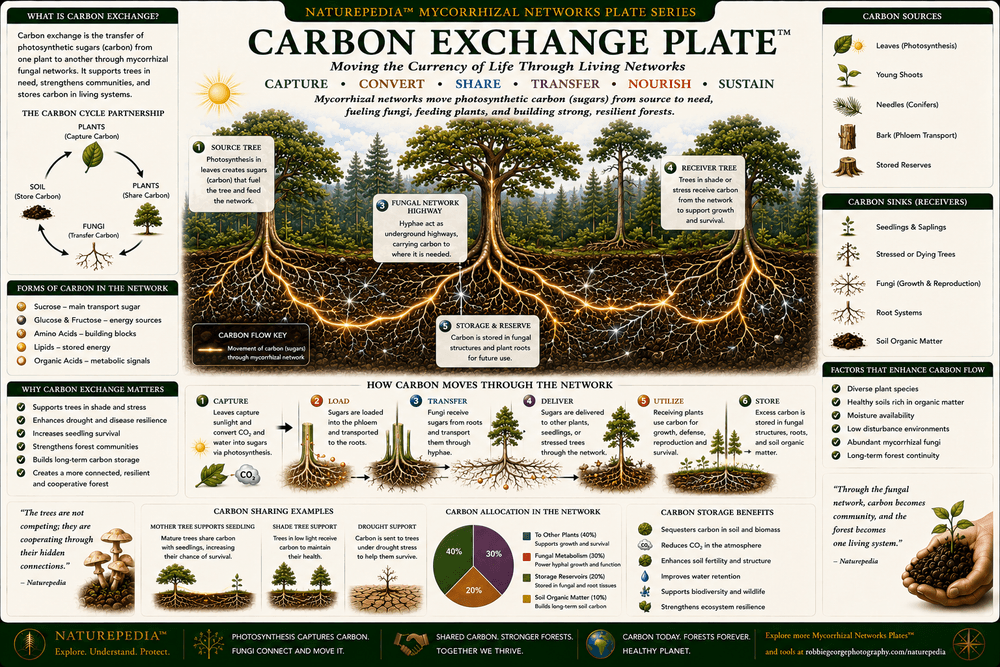 Carbon Exchange Plate showing photosynthesis, trees, plant roots, fungal hyphae, underground carbon movement, soil microbes, and living forest carbon networks.