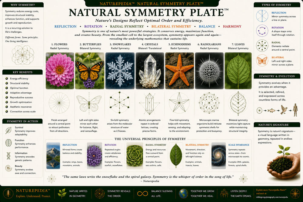 Natural Symmetry Plate illustrating flowers, snowflakes, crystals, leaves, starfish, radiolarians, and recurring symmetry throughout nature.
