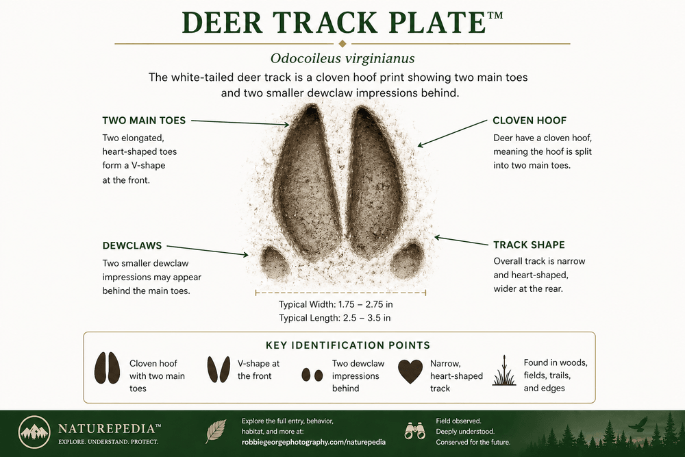 Deer track showing cloven hoof with two main toes forming a V-shaped front, symmetrical structure, and possible dewclaw impressions behind — Naturepedia Track Plate by Robbie George