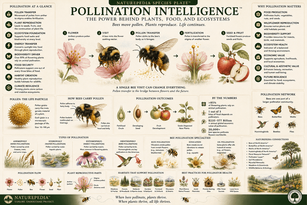 Pollination Intelligence Plate showing pollen transfer, flower reproduction, pollination systems, biodiversity, ecosystem productivity, and floral resource networks by Robbie George