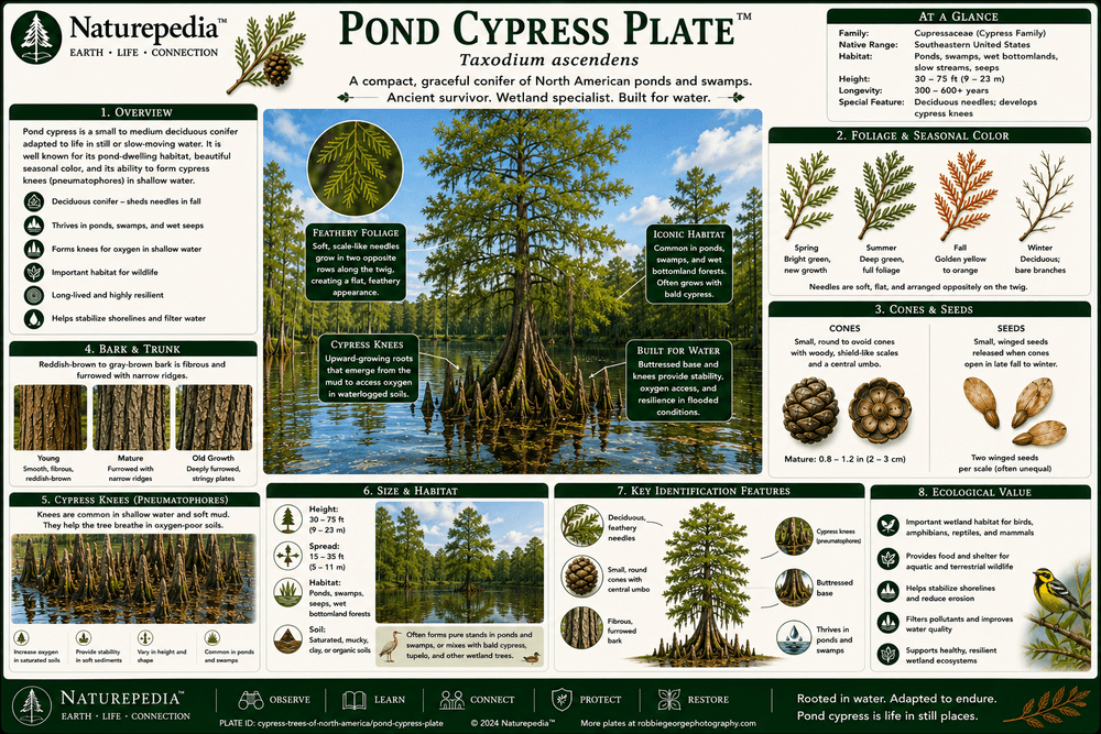 Pond Cypress Plate showing Taxodium ascendens, still wetlands, shallow ponds, acidic soils, pond margins, wetland wildlife, water retention, and southeastern coastal plain ecology by Robbie George