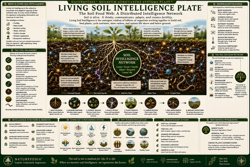 Living Soil Intelligence Plate showing microbes, fungi, roots, nutrient cycling, soil biology, carbon storage, biodiversity, mycorrhizal networks, plant partnerships, and regenerative agriculture