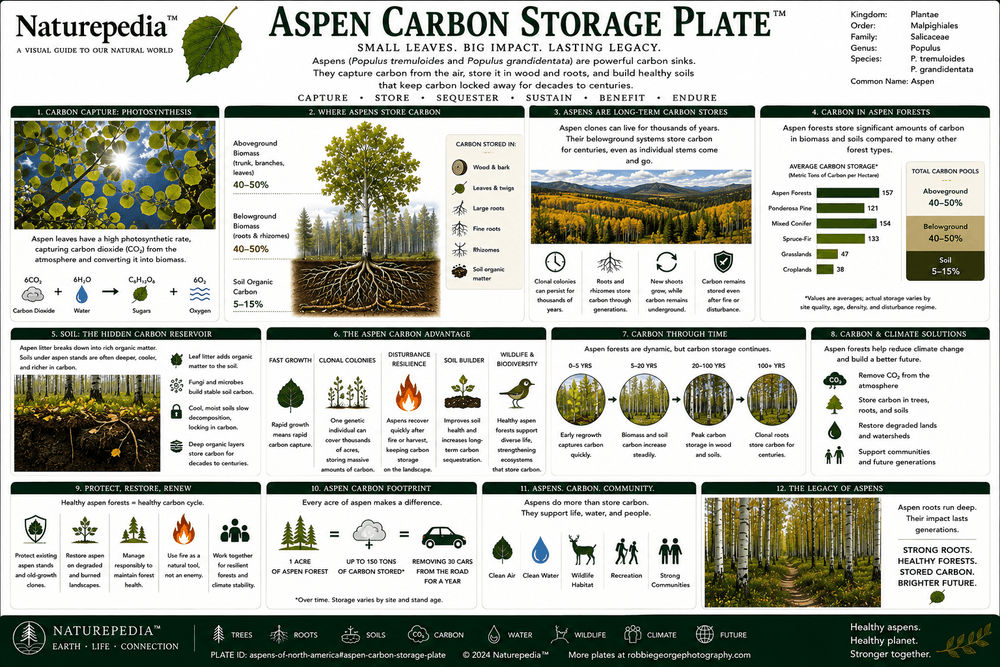Aspen Carbon Storage Plate showing living biomass, root systems, leaf litter, soil carbon, regeneration cycles, disturbance recovery, and climate resilience by Robbie George