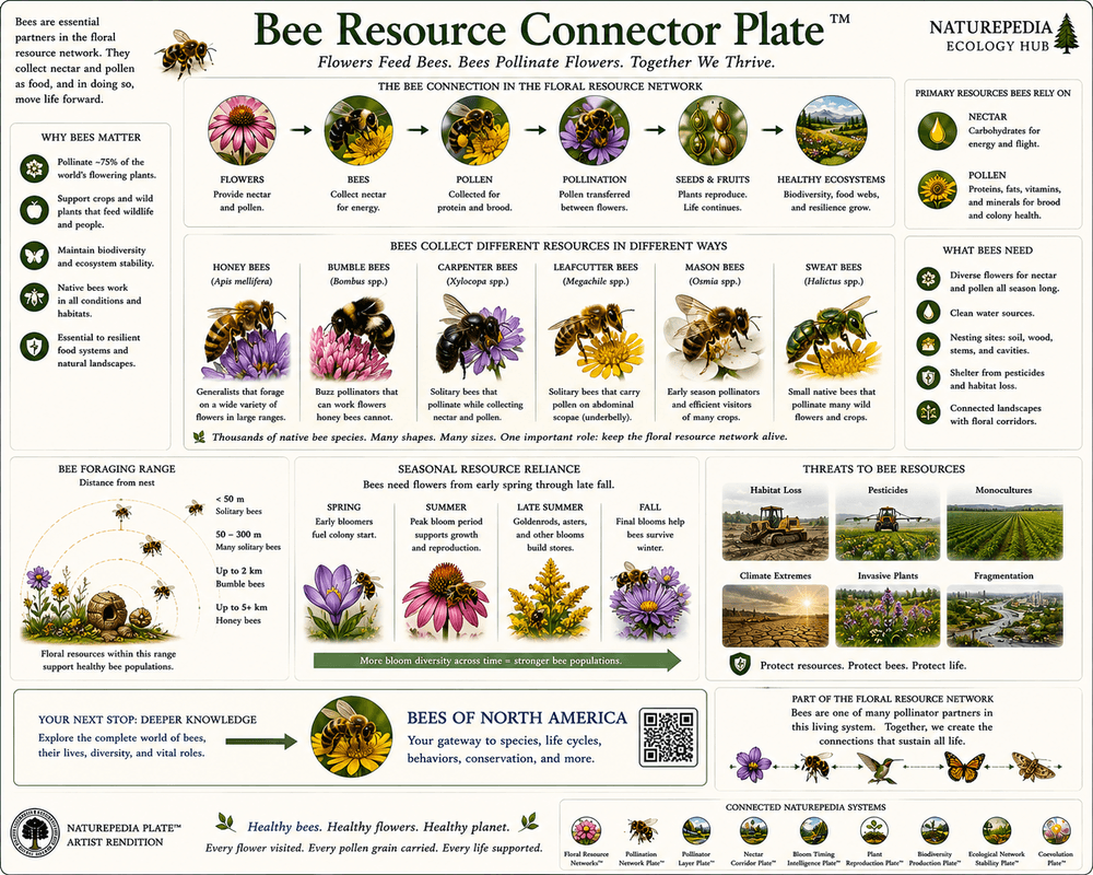 Bee Resource Connector Plate showing how bees connect flowers, nectar, pollen, pollination, and biodiversity
