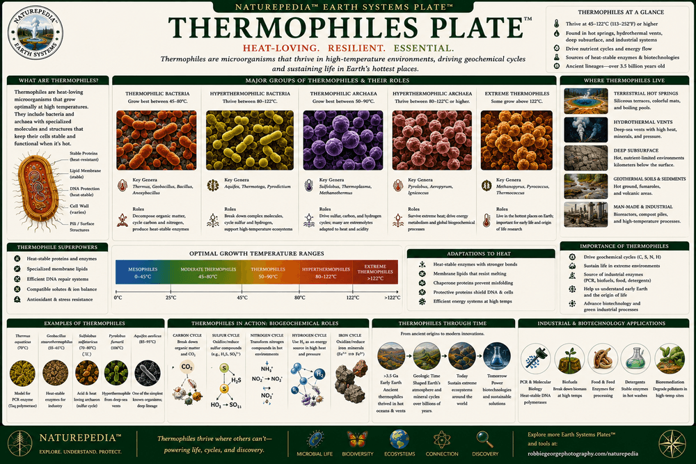 Thermophiles Plate showing geothermal microorganisms, temperature zones, hot spring ecosystems, and thermal microbial adaptations