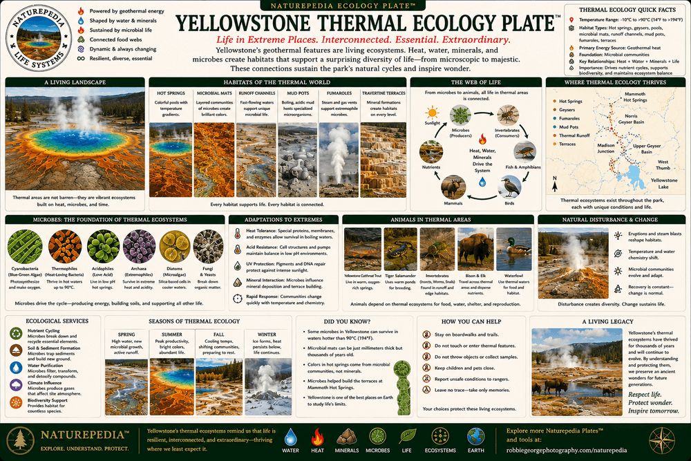 Yellowstone Thermal Ecology Plate showing wildlife, thermal habitats, microbial communities, winter refuges, geothermal waters, vegetation patterns, and ecosystem relationships by Robbie George