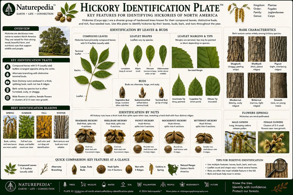 Hickory Identification Plate showing major North American hickory species, leaves, bark, nuts, buds, habitat, and field identification traits by Robbie George