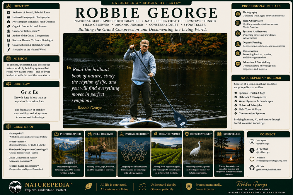 Robbie George Biography Plate showing Robbie George, National Geographic photographer, Naturepedia creator, Robbie's Razor originator, Grand Compression Cosmology creator, field observer, organic farmer, conservationist, and ecological systems thinker