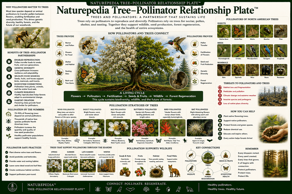 Tree Pollinator Relationship Plate showing flowering trees, pollen, nectar, catkins, bees, butterflies, moths, hummingbirds, and seasonal bloom timing by Robbie George