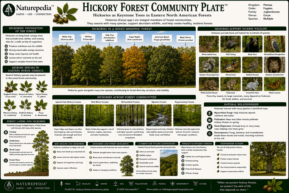Hickory Forest Community Plate showing oak-hickory forests, biodiversity, canopy structure, succession, and hardwood ecosystem relationships by Robbie George