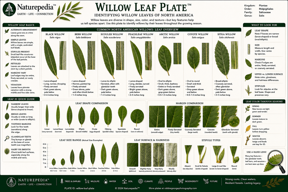 Willow Leaf Plate showing willow leaf shapes, margins, color, underside texture, and species comparison features