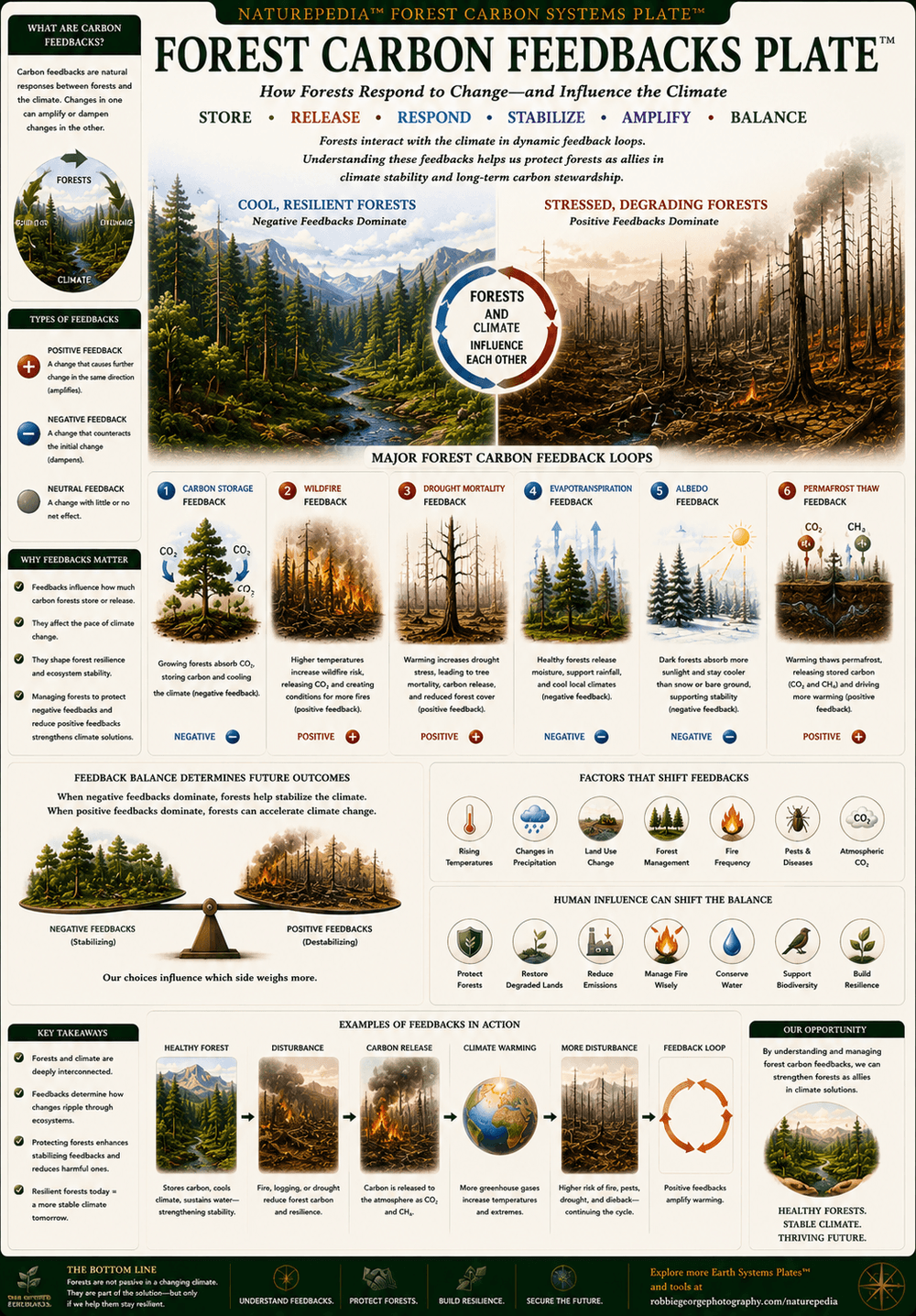 Forest Carbon Feedbacks Plate showing wildfire, drought, storms, insects, forest recovery, regeneration, atmospheric carbon exchange, carbon release, and resilient forest carbon storage.