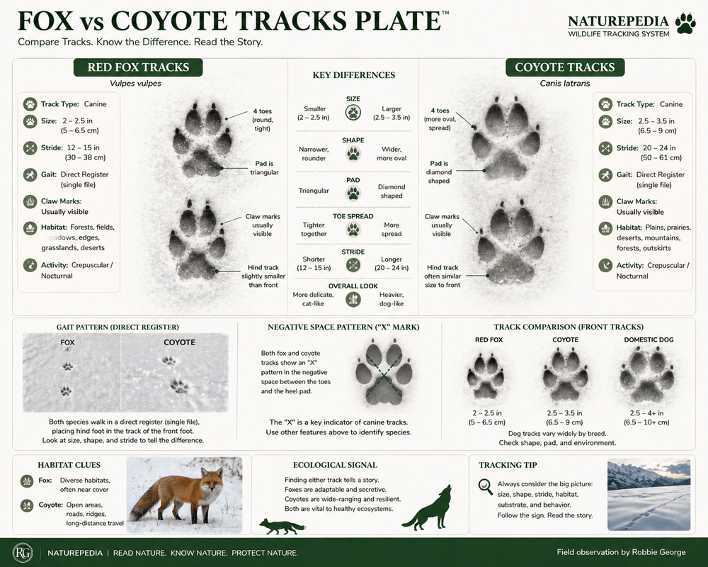 Fox vs coyote track plate comparison showing size, shape, toe spread, stride, and canine X pattern — Naturepedia by Robbie George