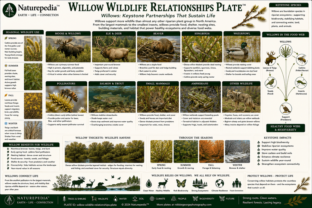 Willow Wildlife Relationships Plate showing willows supporting birds, waterfowl, pollinators, mammals, insects, and riparian food webs