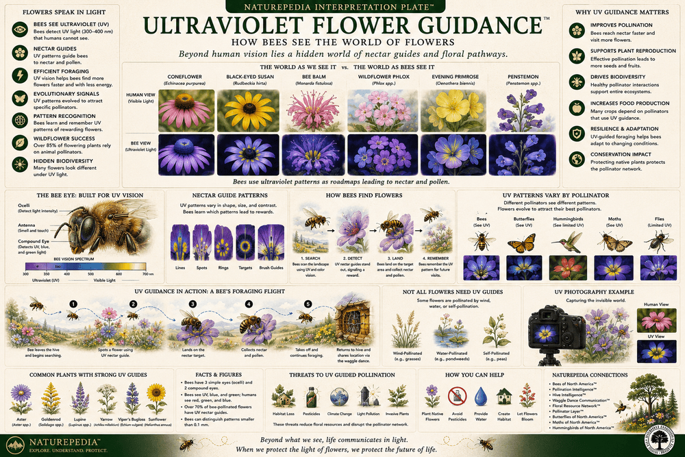 Ultraviolet Flower Guidance Plate showing nectar guides, ultraviolet flower patterns, bee vision, flower targeting, and pollinator navigation by Robbie George