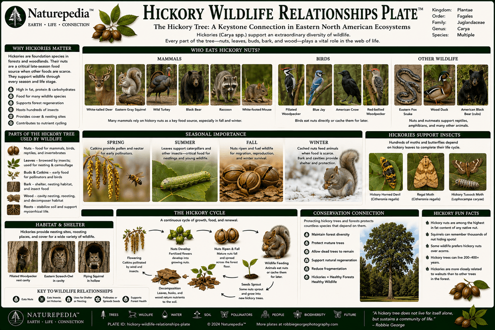 Hickory Wildlife Relationships Plate showing squirrels, birds, mammals, insects, nuts, habitat, biodiversity, and forest food webs by Robbie George