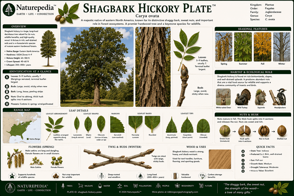 Shagbark Hickory Plate showing peeling bark, compound leaves, nuts, wildlife relationships, and eastern hardwood forest ecology by Robbie George