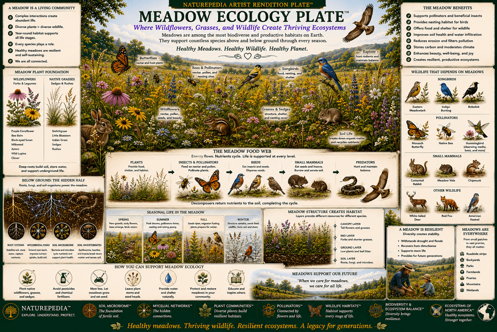 Meadow Ecology Plate showing flowering meadows, pollinators, grasses, wildlife openings, seed production, and biodiversity by Robbie George