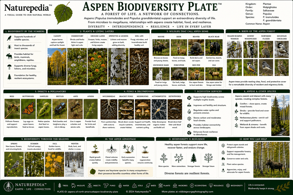 Aspen Biodiversity Plate showing birds, mammals, insects, fungi, understory plants, cavity users, decomposers, and aspen forest biodiversity by Robbie George
