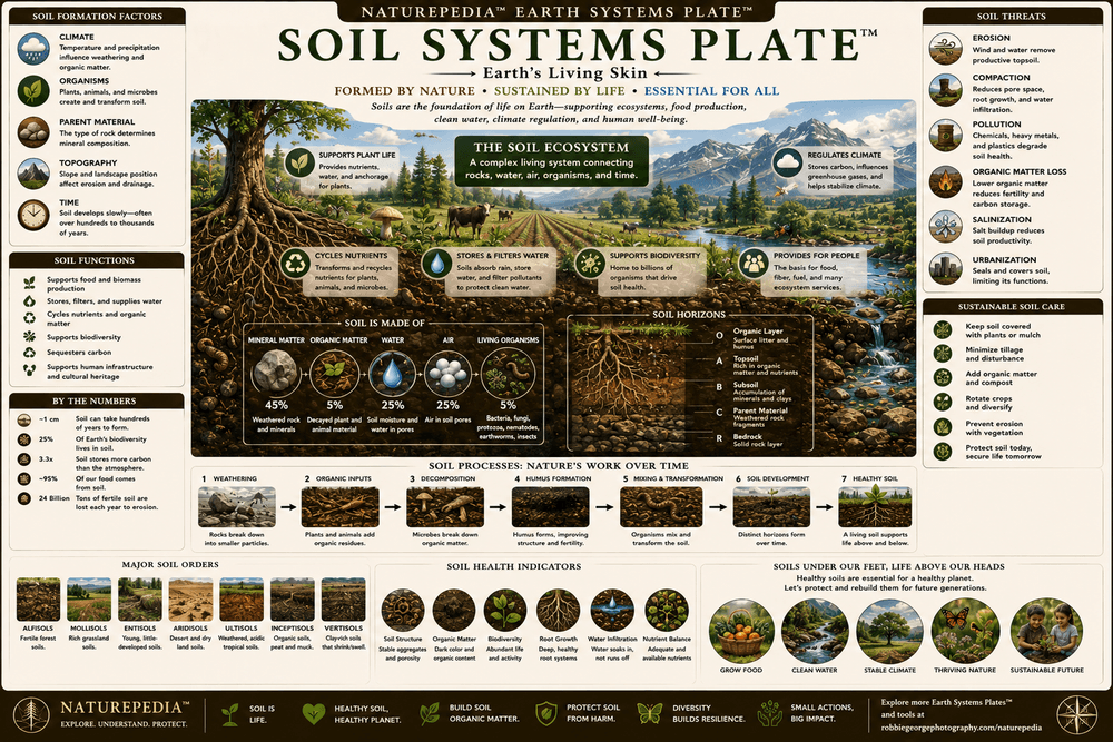 Soil Systems Plate showing soil horizons, weathering, fungi, microbes, organic matter, nutrient cycling, roots, and ecosystem processes