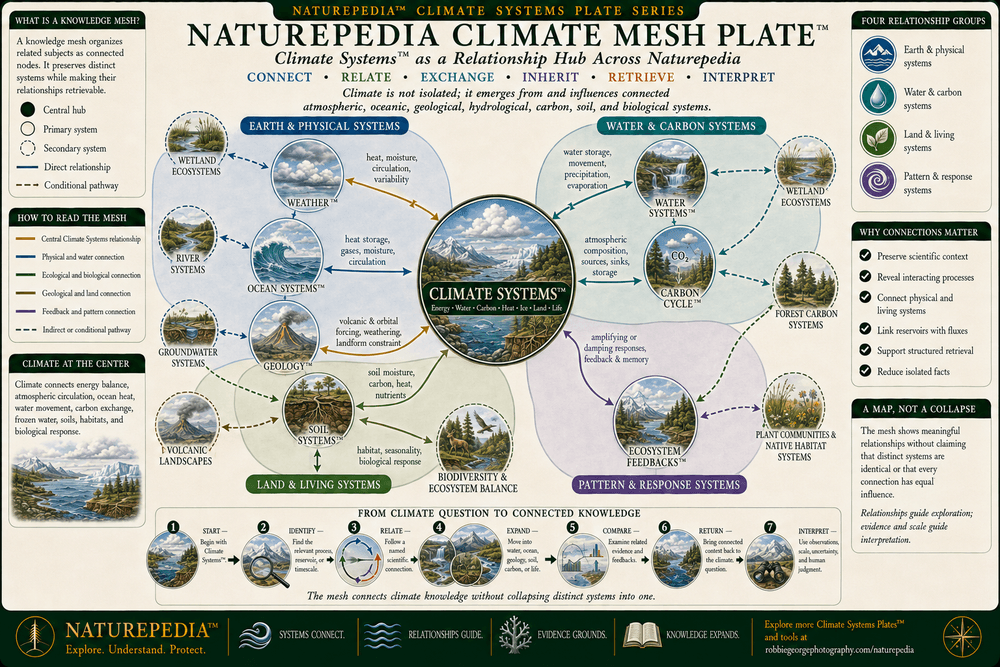 Naturepedia Climate Mesh Plate showing Climate Systems connected with Weather, Water Systems, Ocean Systems, Geology, Carbon Cycle, Soil Systems, Biodiversity and Ecosystem Balance, and Ecosystem Feedbacks through labeled exchanges of energy, water, heat, carbon, nutrients, habitat, and biological response.