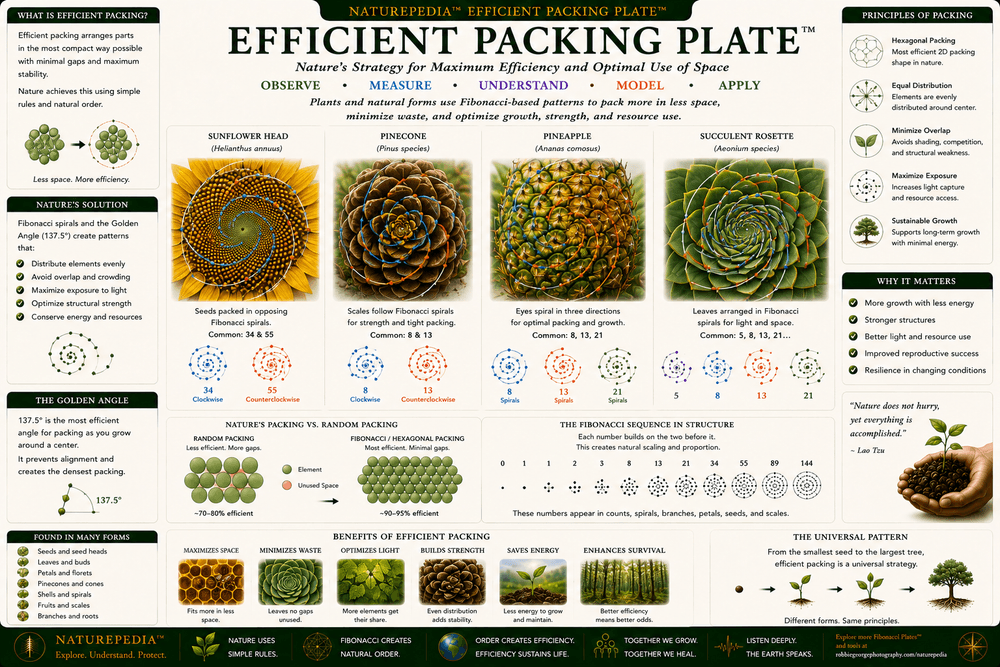 Efficient Packing Plate illustrating sunflower seed arrangement, pinecones, pineapples, succulents, optimized spacing, natural packing efficiency, and Fibonacci-inspired biological organization.
