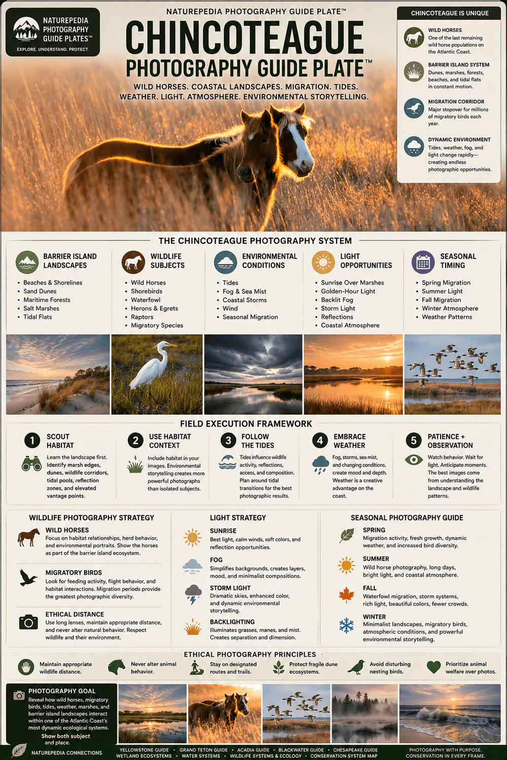 Chincoteague Photography Guide Plate showing wild horses, barrier island landscapes, coastal marshes, migratory birds, tides, weather, camera strategy, and Naturepedia photography guide intelligence by Robbie George