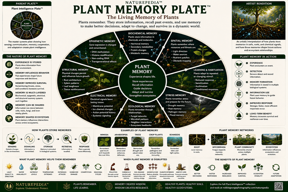 Plant Memory Plate showing stress memory, drought memory, seasonal adaptation, epigenetics, environmental learning, resilience, and biological memory systems