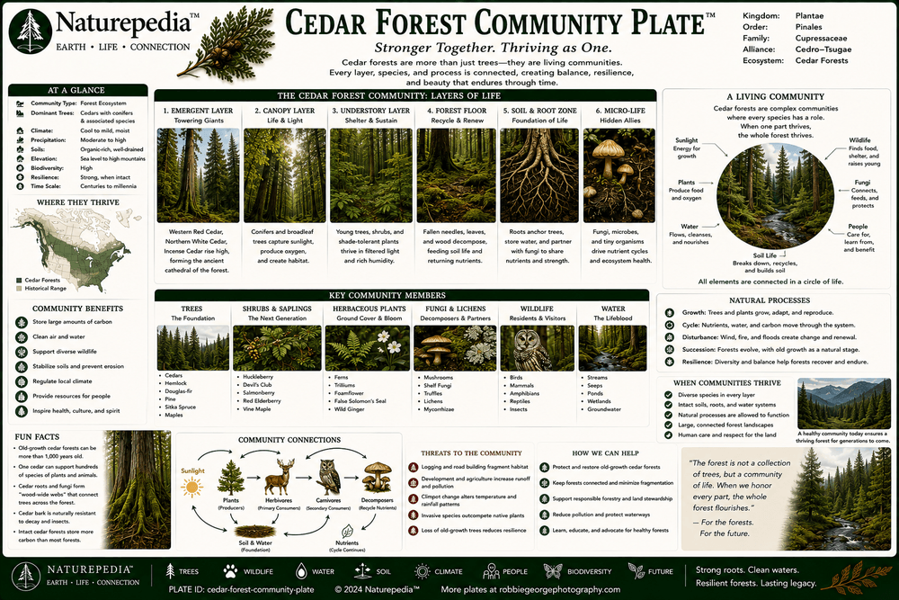 Cedar Forest Community Plate showing evergreen canopy, understory plants, wetlands, mosses, fungi, wildlife corridors, mixed conifer forests, and old-growth relationships by Robbie George