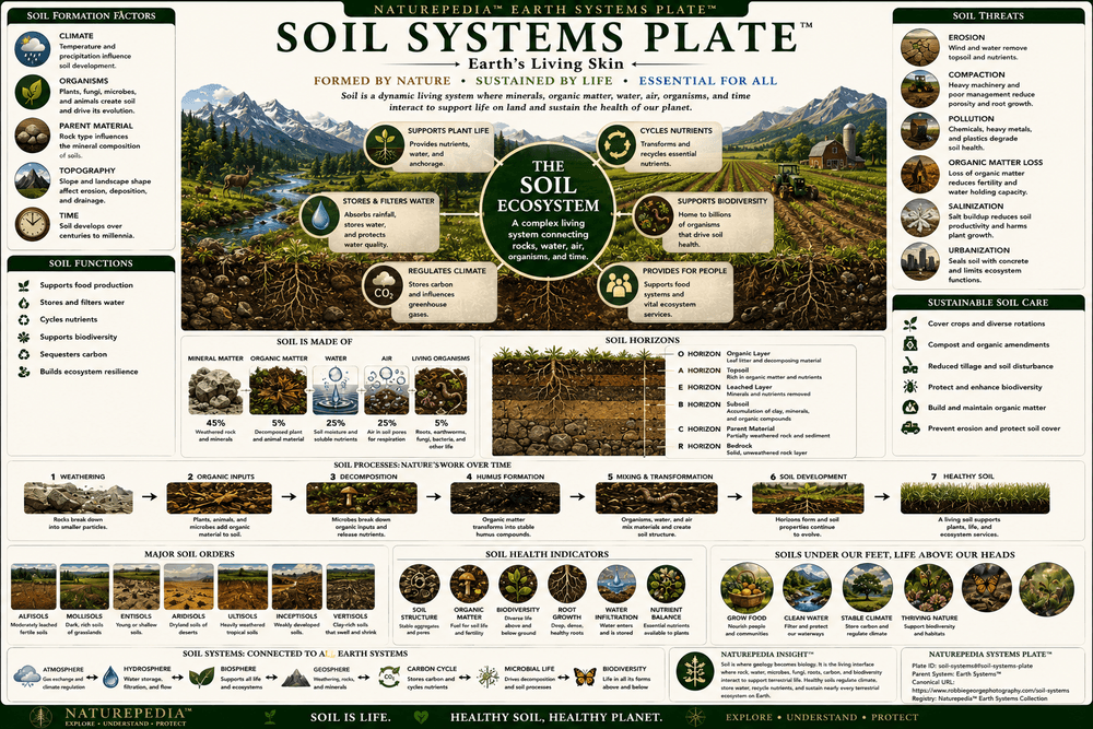 Soil Systems Plate showing soil horizons, roots, fungi, microbes, water, carbon, minerals, organic matter, nutrient cycling, biodiversity, and regenerative soil processes
