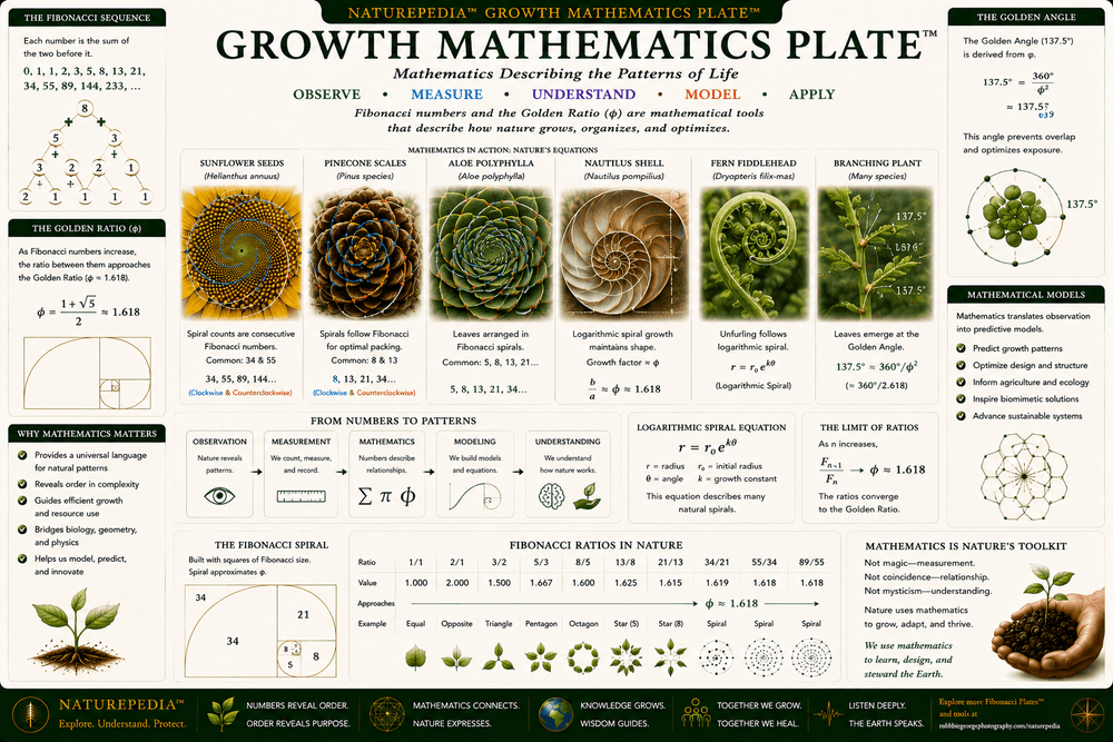Growth Mathematics Plate illustrating plant development, mathematical overlays, Fibonacci sequence, botanical geometry, photography, and mathematical descriptions of natural growth.