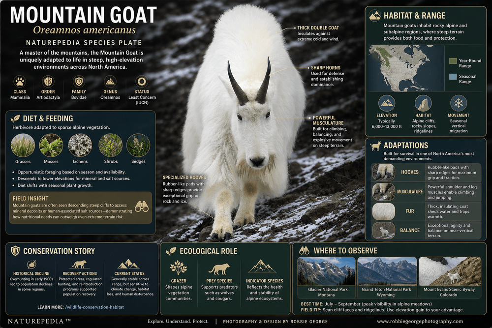 Mountain Goat species plate showing alpine habitat, diet, climbing adaptations, and ecological role — Naturepedia Species Plate by Robbie George