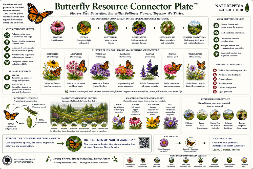 Butterfly Resource Connector Plate showing how butterflies connect flowers, nectar resources, host plants, migration, and biodiversity