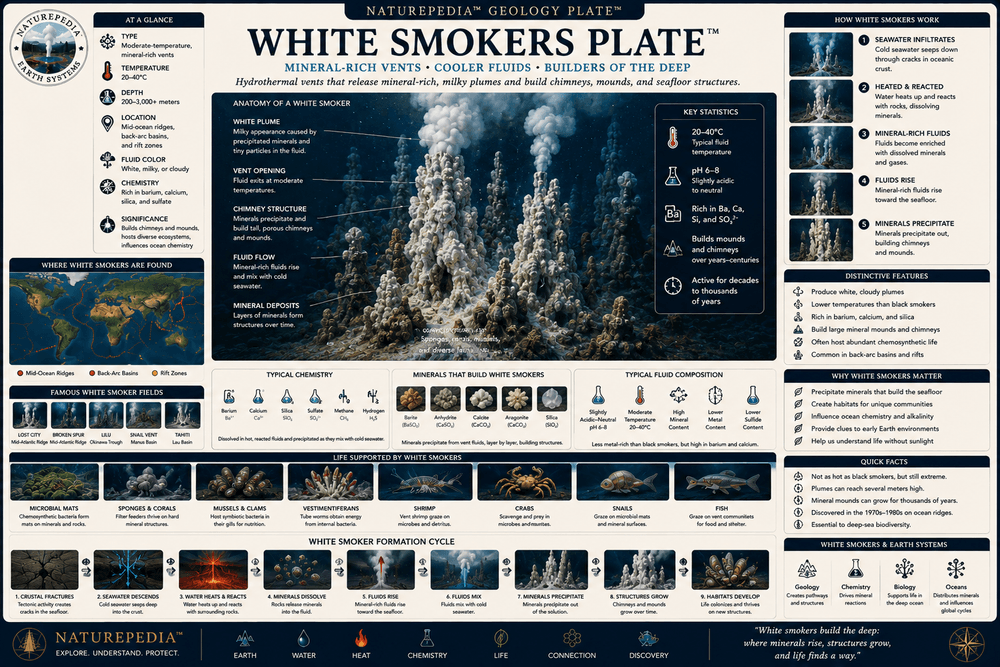 White Smokers Plate showing pale hydrothermal plumes, mineral-rich fluids, chimney formations, and deep-sea vent ecosystems