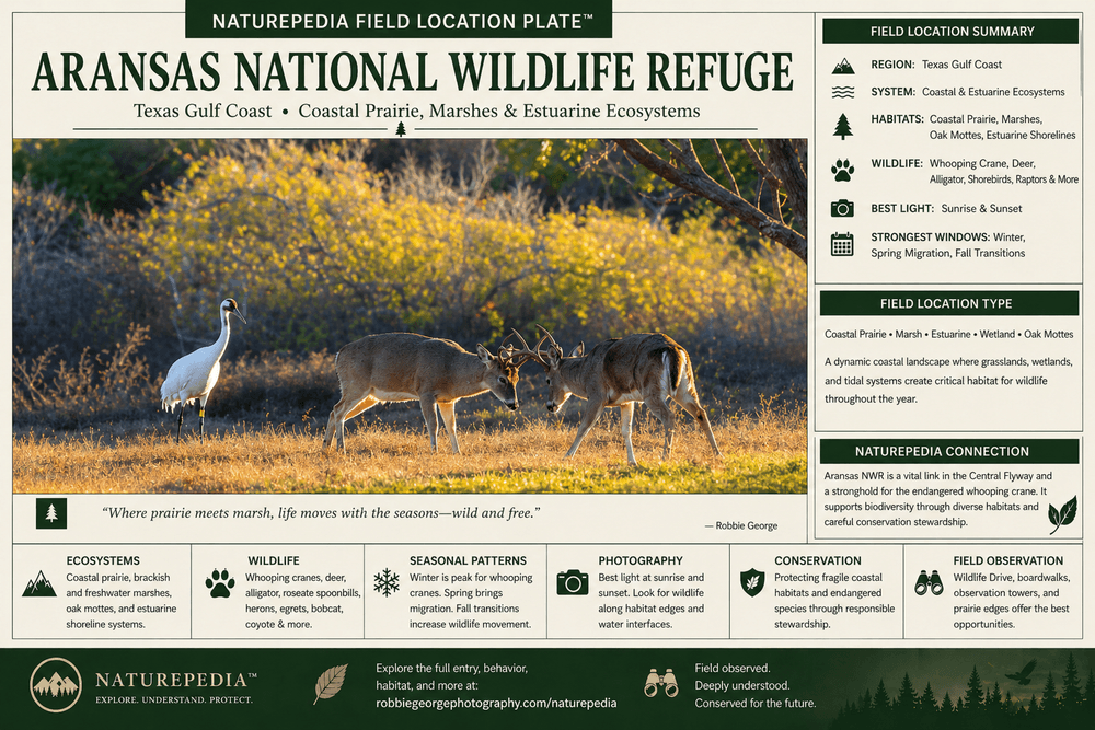 Aransas National Wildlife Refuge field location plate showing coastal prairie habitat, deer behavior, whooping crane, seasonal migration, and photography conditions — Naturepedia Field Location Plate by Robbie George