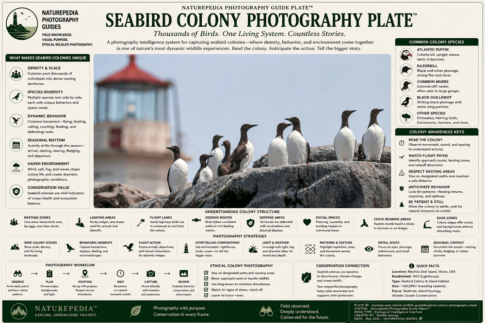 Seabird Colony Photography Plate showing Atlantic Puffins, Razorbills, colony density, nesting territories, fish deliveries, environmental scale, and Naturepedia colony photography intelligence