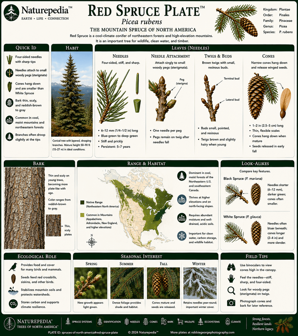 Red Spruce Plate showing Picea rubens, Appalachian high-elevation forests, cool mountain climate, mossy forest floors, wildlife habitat, and forest restoration by Robbie George
