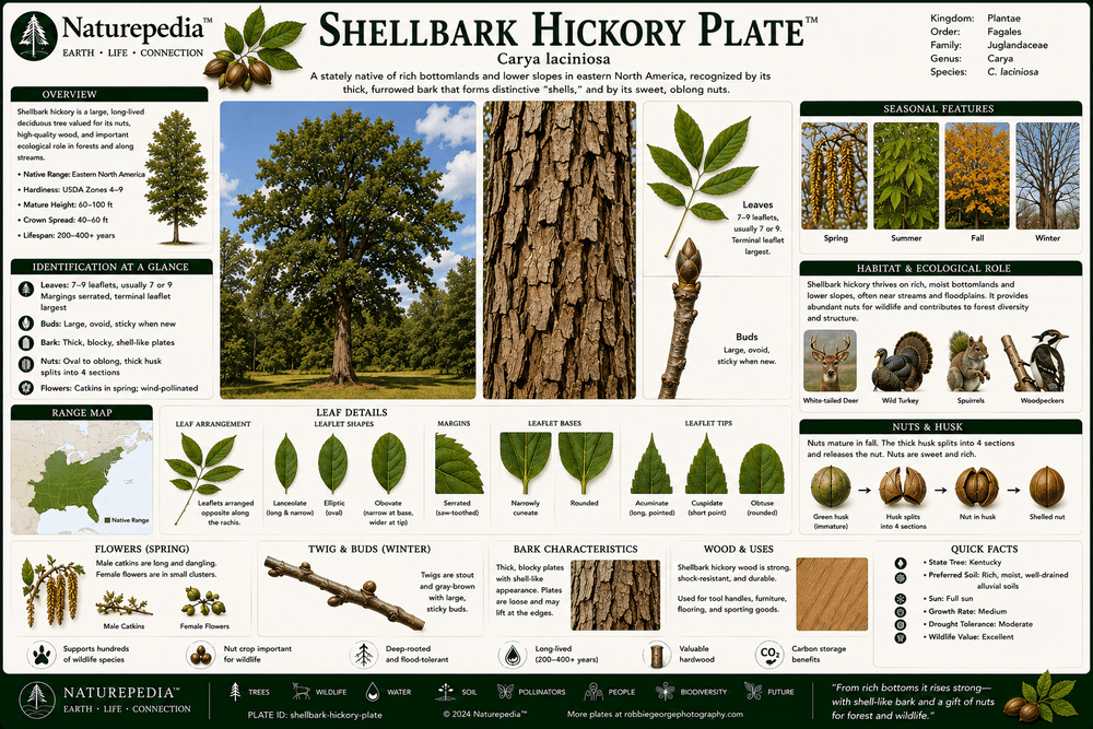 Shellbark Hickory Plate showing bark, nuts, floodplain forests, wildlife value, and hardwood ecosystem relationships by Robbie George