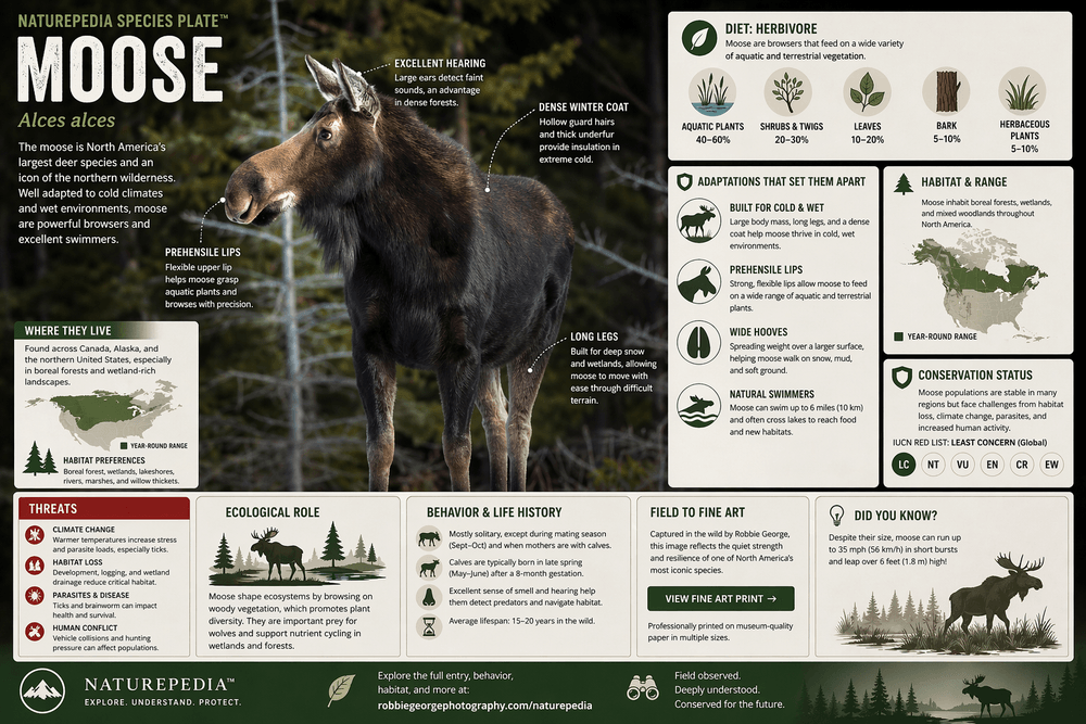 Moose species plate showing habitat, diet, adaptations, and ecological role — Naturepedia Species Plate by Robbie George