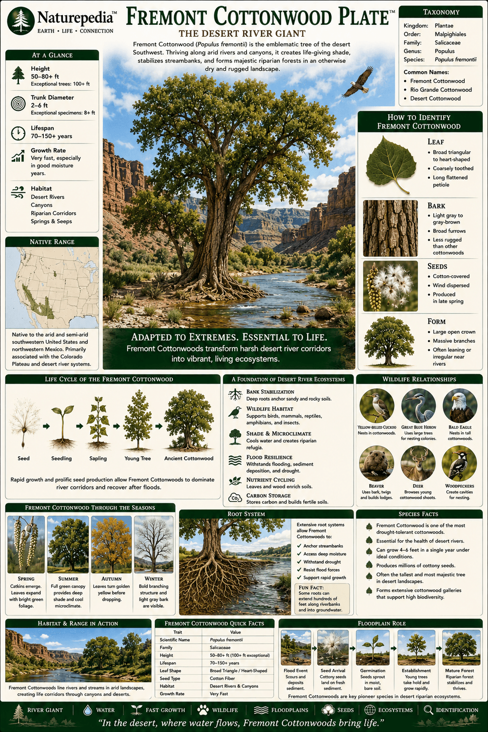 Fremont Cottonwood Plate showing Populus fremontii, Southwestern river systems, desert riparian forests, floodplains, wildlife corridors, and habitat recovery by Robbie George