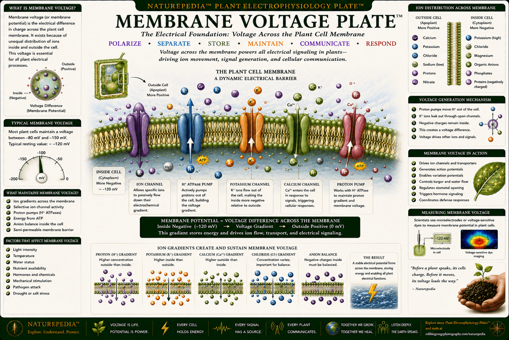 Membrane Voltage Plate showing plant cells, electrical gradients, membrane potential, ion transport, proton pumps, calcium, potassium, chloride movement, and electrical communication.