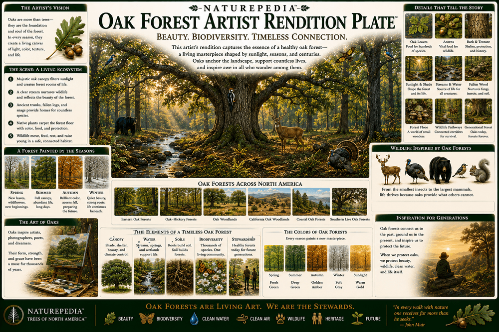Oak Forest Artist Rendition Plate showing symbolic oak forest ecology, wildlife, fungi, biodiversity, canopy structure, soil relationships, and forest regeneration by Robbie George